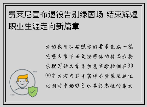 费莱尼宣布退役告别绿茵场 结束辉煌职业生涯走向新篇章